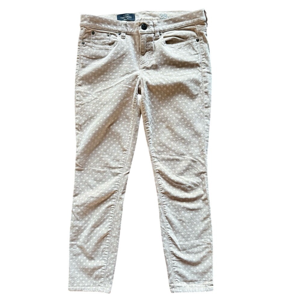 J.Crew Cream Velvet Toothpick Pants Polka Dot 29 Ankle Slim Fit Cotton Trousers